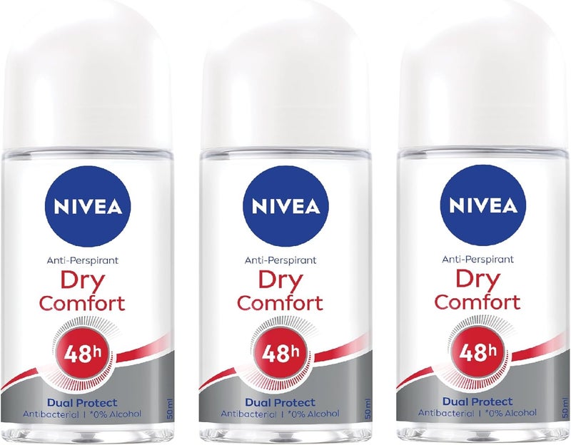 NIVEA Dry Comfort Antiperspirant Deodorant for Women Quick Dry 72h Active Sweat Protection Roll-On, Pack of 3 - Image 1